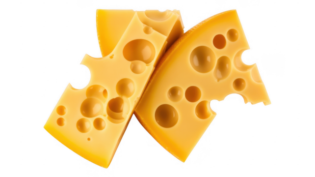 Swiss cheese slices with large holes isolated on a transparent background