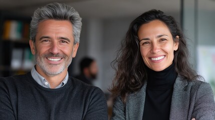 Smiling man with gray hair and a woman with dark curly hair posing together in an office setting