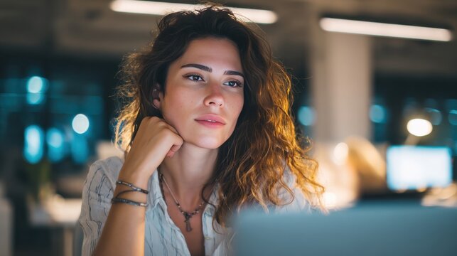 Young woman with curly brown hair rests chin on hand looking thoughtfully into the distance in an office setting