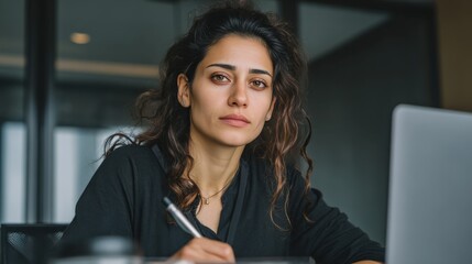 Woman with brown curly hair in black shirt writing with pen at desk with laptop