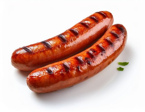 two grilled sausages are isolated against a white background appearing savory and appetizing