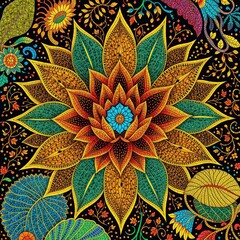 Lotus Pattern, Intricate Mandala Lotus Pattern Art: Traditional Indian Folk Design, Bohemian Floral Wallpaper and Detailed Ethnic Artwork