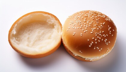 an open burger bun with the top half missing with the bottom being plain and white on a white background