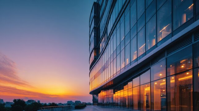 Modern glass office building facade reflecting sunset sky and distant city skyline - Powered by Adobe