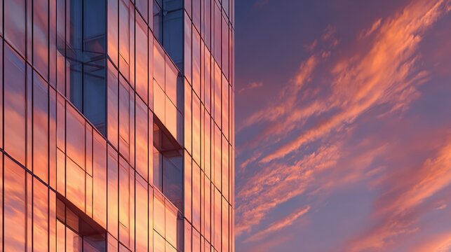 Modern glass skyscraper facade reflecting a vibrant sunset sky with wispy clouds