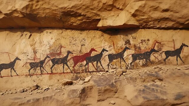 Acoma cave painting depicting a group of animals, possibly giraffes or antelopes, in a natural setting. The animals are depicted in various poses, with some standing still and others in motion.