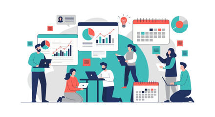 Dynamic team collaborating on data analysis and project planning for business growth, scheduling appointments and achieving targets in a vibrant office setting