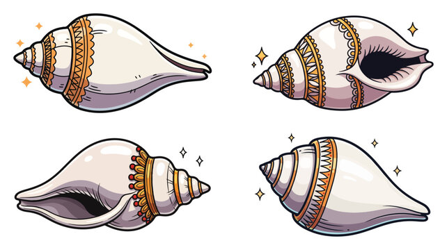 Set of Decorated Hindu Conch Shells (Shankha). Cartoon Vector Illustration of a Sacred Puja Object.