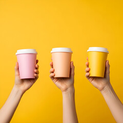 Three hands hold colorful disposable cups with white lids against a vibrant yellow background