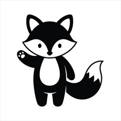 Cute cartoon fox waving a friendly hello, a charming black and white woodland animal illustration