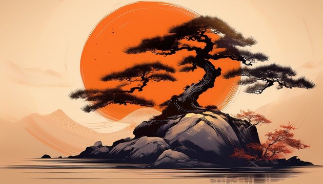 a bonsai tree perched on a rock is framed by a large orange sun the japanese style ink painting uses dark tones and delicate lines to create a serene contemplative scene
