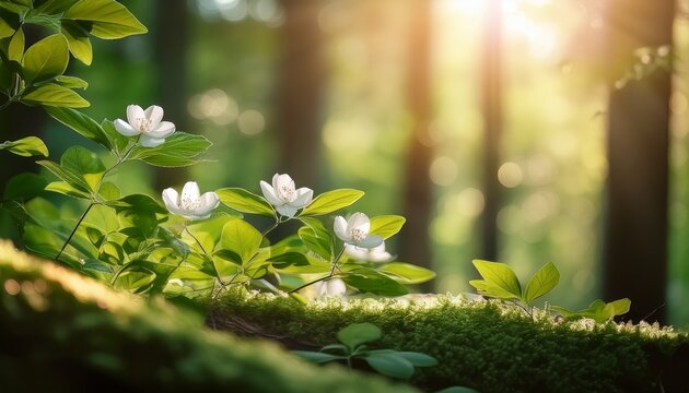 lush green leaves with delicate flowers glistening in sunlight at a tranquil forest location - Powered by Adobe