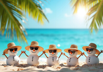 Five sand snowmen wearing straw hats and sunglasses lined up on a sunny beach with turquoise sea under clear blue sky.