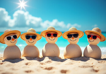 Five sand snowmen wearing straw hats and sunglasses lined up on a sunny beach with turquoise sea under clear blue sky.