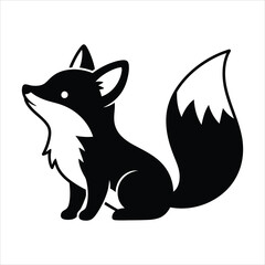 A charming black and white illustration of a cute sitting fox with a large fluffy tail