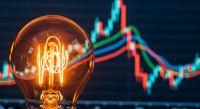 Illuminated lightbulb in front of a stock market graph on a dark screen - Powered by Adobe