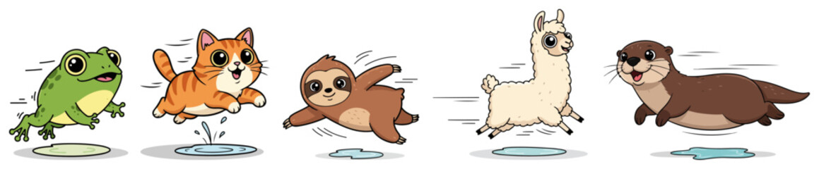 Naklejka premium Cute Running Animals Vector Set. Happy Cartoon Illustration of a Frog Cat Sloth Llama and Otter in a Row