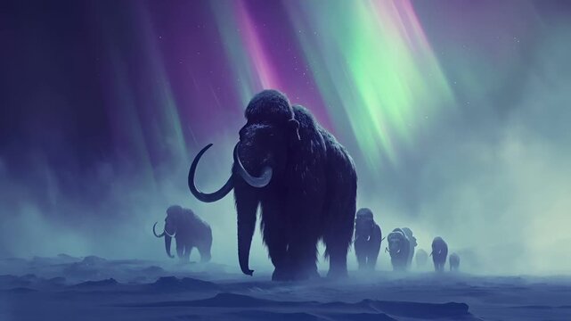 Aurora Borealis digital artwork featuring a mammoth under the aurora borealis. The artwork is characterized by a blend of cool and warm colors, creating a serene yet majestic atmosphere.
