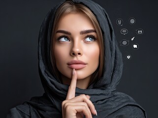 an arab woman with her face covered in a dark brown hijab, with doodle symbols and icons above her head on a grey background