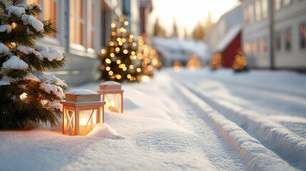 A snowy street with two lanterns lit up in the snow