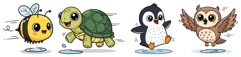 Obraz premium Cute Jumping Animals Character Collection. Vector Cartoon Illustration of a Happy Bee Turtle Penguin and Owl