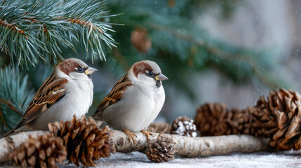 Two birds are perched on a branch next to some pine cones