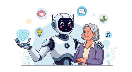 Caring robot companion assisting senior woman with modern technology, offering smart home support and companionship for independent living, embracing innovation