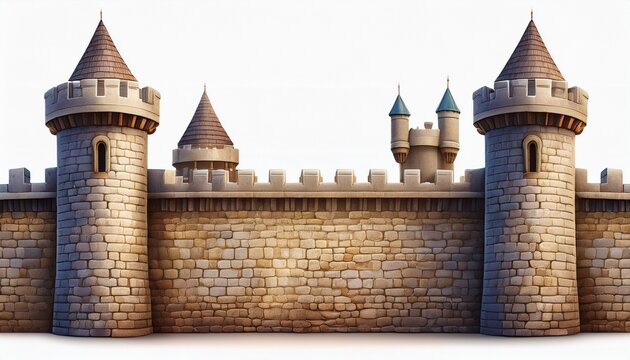 a stone castle wall with turrets and towers on a empty background