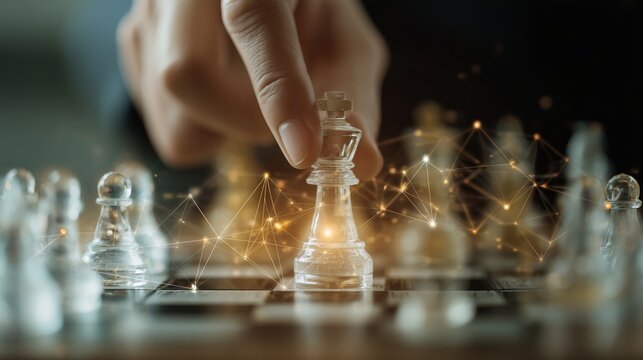 Hand moving a chess piece on a glass chessboard symbolizing strategic decision in digital strategy consulting.
