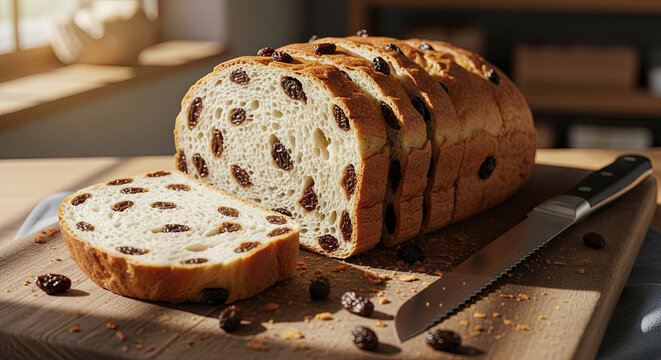 Closeup soft sliced raisin bread loaf wooden cutting board bright light kitchen setting fresh baked white dough sweet dried fruit snack