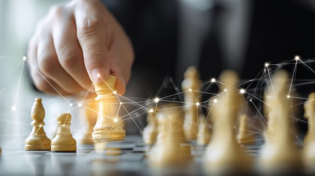Hand moving chess piece among connected chess piece network, symbolizing digital strategy consulting and tactical decision making.
