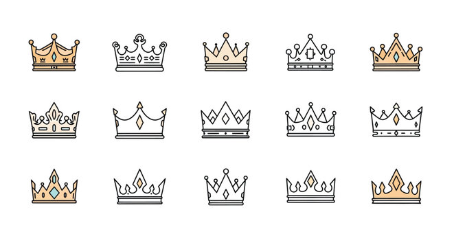 Fifteen charming crown icons with modern design for royalty, gaming, branding, and creative projects to give your designs an elegant touch