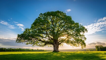 a giant tree stands proudly in the middle of a serene field its wide branches reaching out like open arms toward the heavens the foliage a vibrant mix of greens moves softly in the breeze