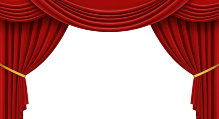 Luxurious Red Velvet Curtains with Gold Tie Backs Isolated on Transparent PNG Background.