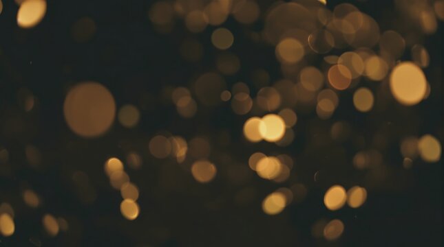 A mesmerizing array of shimmering golden orbs drifts elegantly against a deep, muted background, creating a soft and enchanting bokeh blur