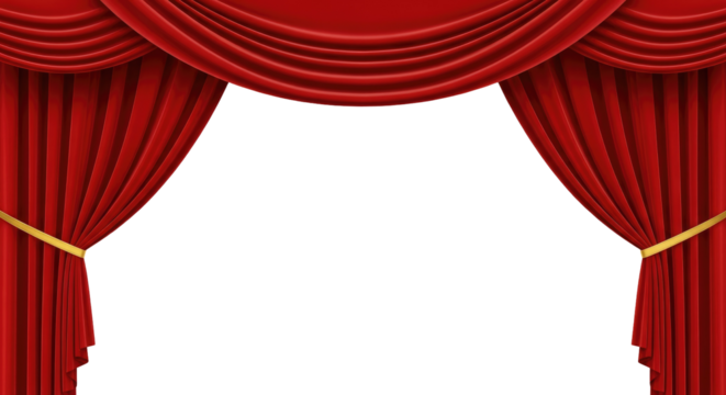 Luxurious Red Velvet Curtains with Gold Tie Backs Isolated on Transparent PNG Background.