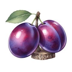 Two ripe juicy purple plums with a single green leaf on a white background