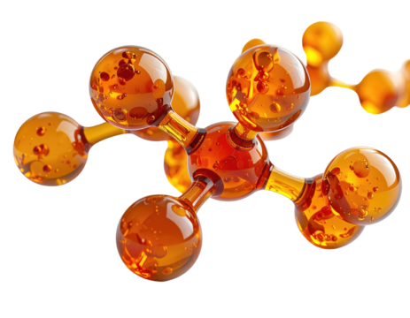 Amber-toned, connected spheres molecule structure on black