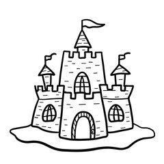 Hand drawn cartoon sandcastle with flags and arched doorways for children's stories isolated on white background, Vector, illustration