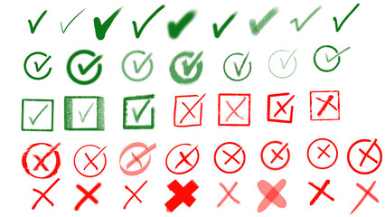 Set of Hand Drawn Check Marks: Yes, No, Agree, Disagree, Checklist, Chekbox Isolated on Transparent