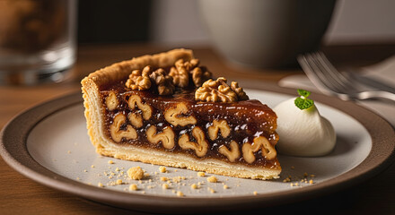 Delicious pecan pie slice on ceramic plate with whipped cream garnish dessert gourmet food