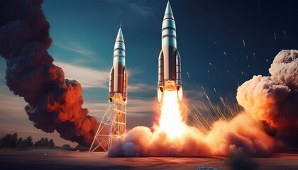 two rockets launch from a launchpad with smoke and fire