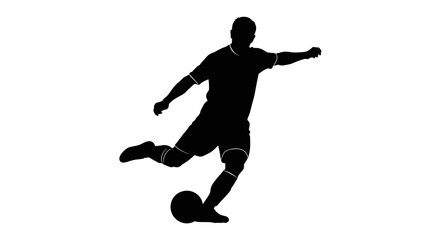 Black silhouette of a soccer player in the middle of kicking a football against a plain white background.