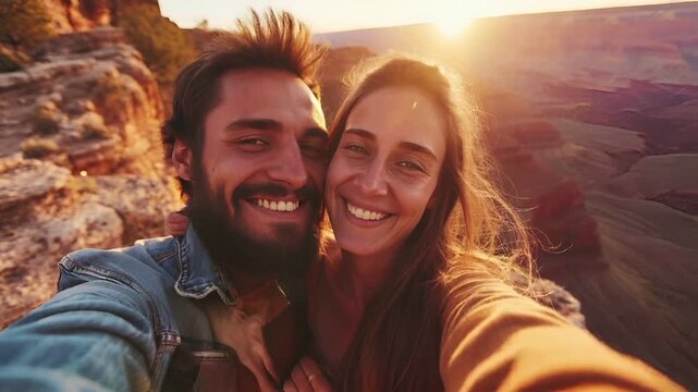 A man and woman taking a selfie in front of a canyon during sunset. The man has a mohawk hairstyle and a beard, and the woman has long hair.