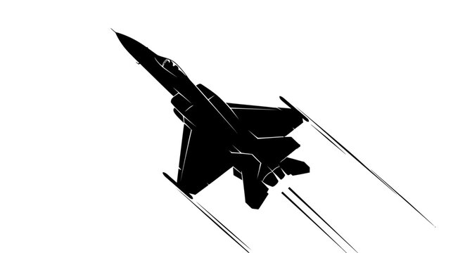 Silhouette of a fighter jet in flight against a white background.