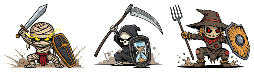 Halloween warriors set – mummy swordsman with shield and grim reaper with scythe and hourglass – cute cartoon vector illustration