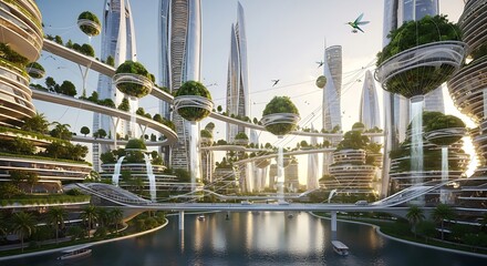 Futuristic Cityscape with Vertical Gardens and Water Features.