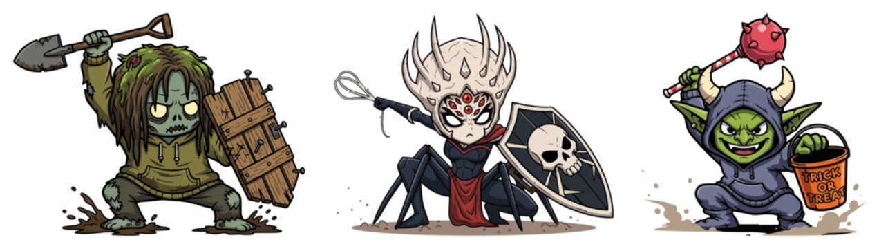 Halloween fantasy monsters set &ndash; swamp zombie brute horned spider queen and goblin witch with potion &ndash; cute chibi cartoon vector illustration