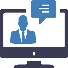 Computer Monitor Displaying Silhouette of a Man in a Suit and Tie with a Blue Speech Bubble Above His Head Featuring Text Lines Against a White Background with a Transparent Overlay