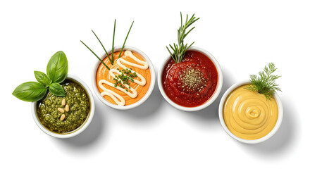Four different bowls of sauces and dips including pesto chipotle tomato and mustard garnished with fresh herbs on white background